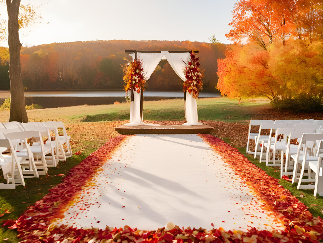 Alfombra combinada con pétalos de flores y hojas de otoño